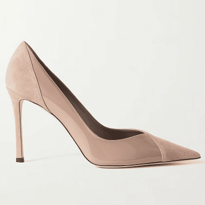 beige heel that mixes suede and patent leather