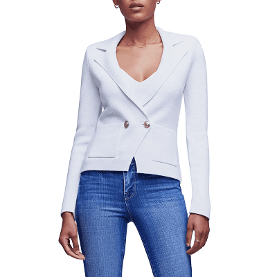 white double-breasted sweater blazer
