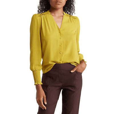 Frugal Friday's Workwear Report: Smocked-Cuff Split-Neck Blouse