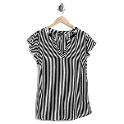 black and white short-sleeved blouse with vertical black stripes, a V-neck, and flutter sleeves