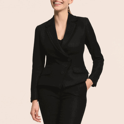 black linen/tweed suit;  blazer has asymmetric button closure