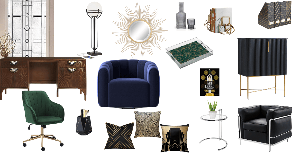 collage of items you can use to add art deco style to your office, including (clockwise from top)
window film, a USB lamp, a sunburst mirror, a water carafe, bookends, file holders, a black Corbusier-like chair, a metal side table, pillows, a pencil cup, a velvet swivel desk chair with fluted details, a desk with sunburst decals on it, a navy velvet barrel chair, a green acrylic serving tray, an Art Deco book, and a black credenza/bar with fluted details