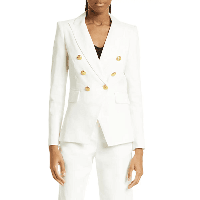 double-breasted linen blend blazer with gold buttons
