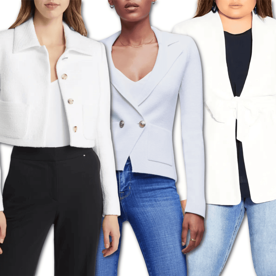 collage of 3 trendy white blazers for spring 2023