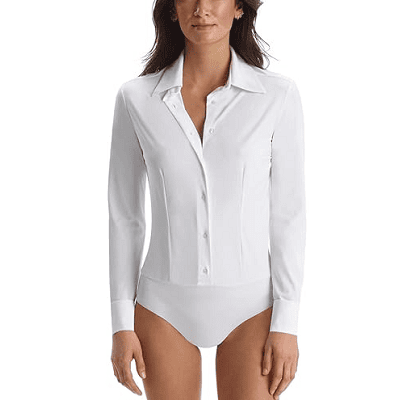 a bodysuit that looks like a dress shirt with buttons and a collar