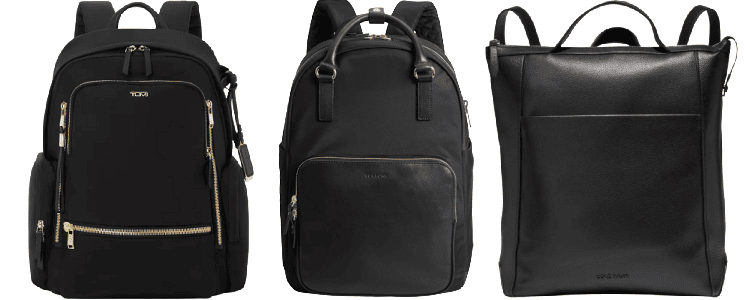 collage of 3 black backpacks: Tumi, Lo & Sons, and Cole Haan