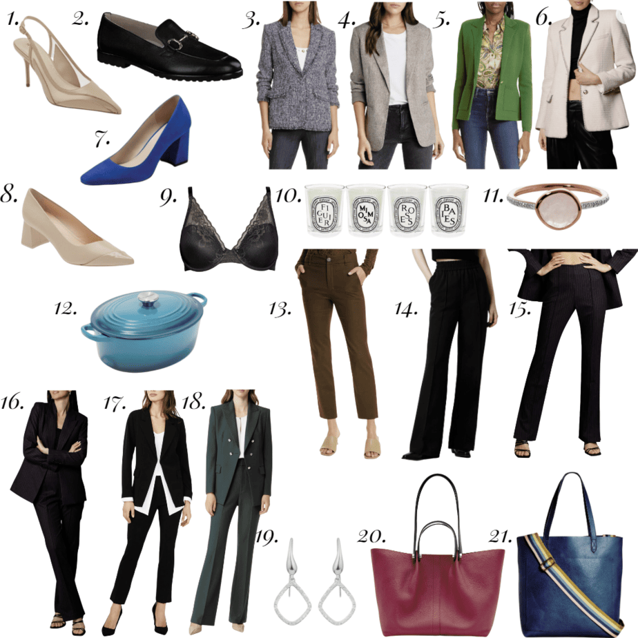 collage showing 21 items from the 2023 Nordstrom anniversary Sale, R-L - 1) heel 2) black loafer 3-6) blazers 7) blue block heel, 8) beige block heel, 9) bra, 10) candles, 11) rose quartz ring, 12) Creuset dutch oven, 13-15) pants, 16-18) suits, 19) earrings, 20-21) totes