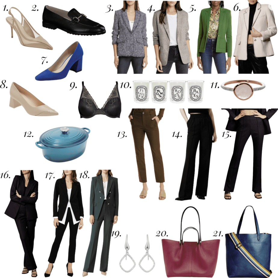 Collage showing 21 items from the 2023 Nordstrom anniversary Sale, RL - 1) heel 2) black loafers 3-6) blazer 7) blue block heel, 8) beige block heel, 9) bra, 10) candles, 11) rose quartz ring, 12 ) Creuset dutch oven, 13-15) trousers, 16-18) suit, 19) earrings, 20-21) bag