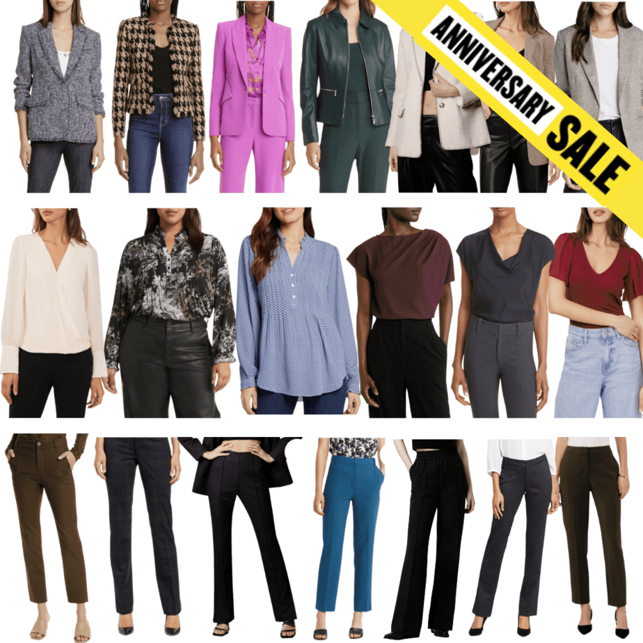 collage of blazers, blouses and pants in the 2023 Nordstrom Anniversary Sale; yellow banner in upper right hand reads ANNIVERSARY SALE