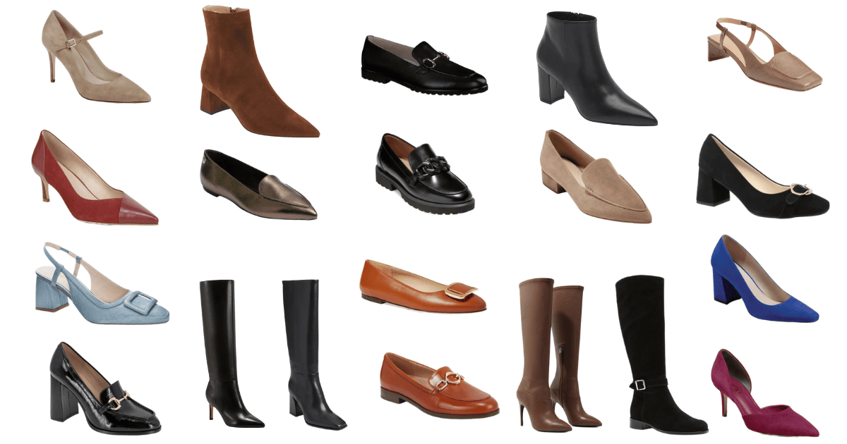 collage of the best shoes for work in the 2023 Nordstrom Anniversary Sale, including heels, flats, booties, and boots