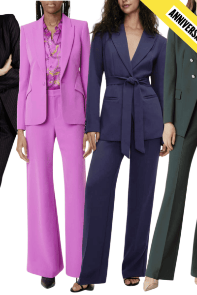 collage of 4 suits in the 2023 nordstrom anniversary sale; yellow banner reads "Anniversary Sale"