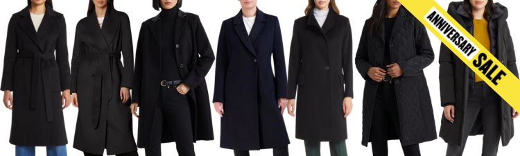collage of great coats to wear over suits in the 2023 Nordstrom Anniversary Sale; yellow banner in corner readers "Anniversary Sale"