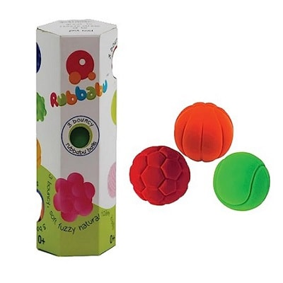 A package of stress balls, as well as the balls, which are green, red, and red