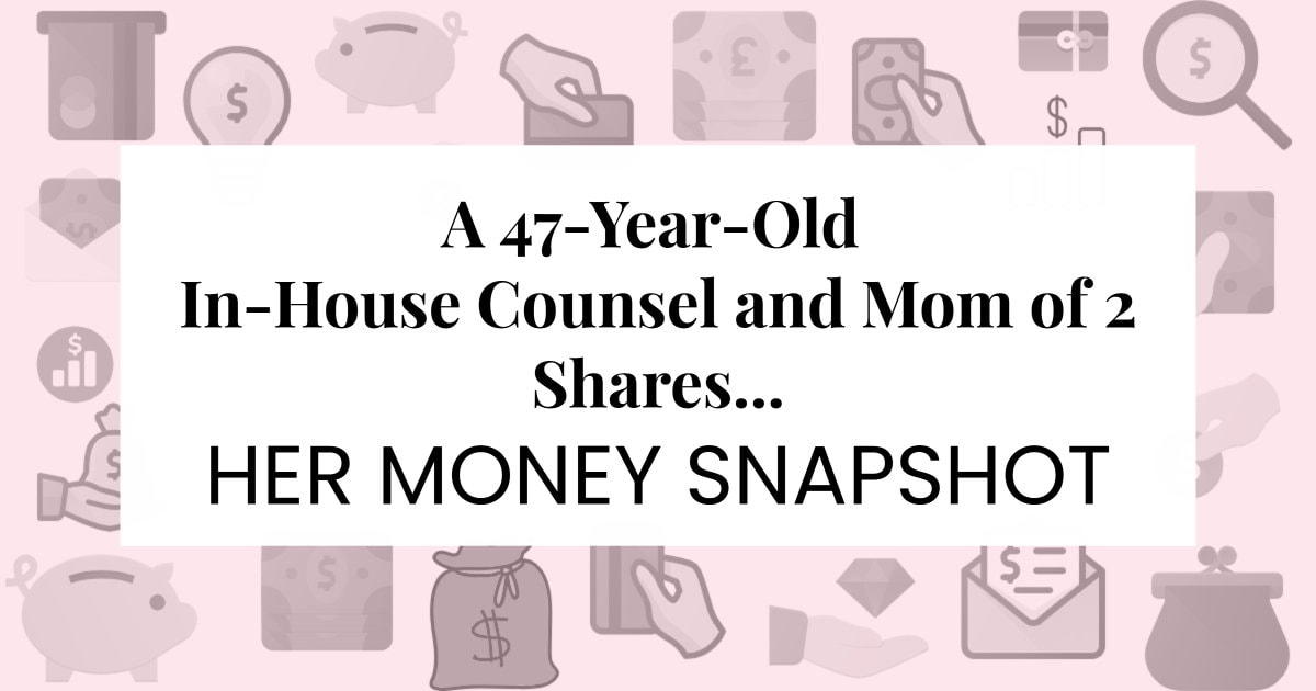 A pink rectangle with personal finance icons surrounding a white rectangle with text "A 47-Year Old In-House Counsel and Mom of 2 Shares Her Money Snapshot"