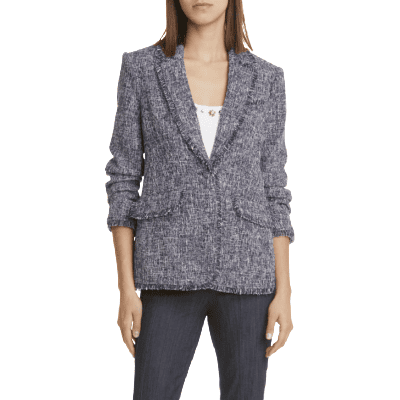 navy and white tweed blazer with scrunched sleeves