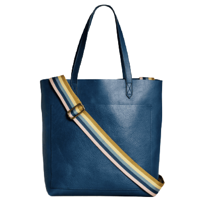 blue bag with multicolored shoulder strap