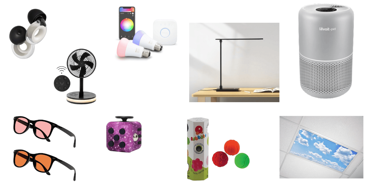collage of products to help you deal with sensory overload at work; see caption for details