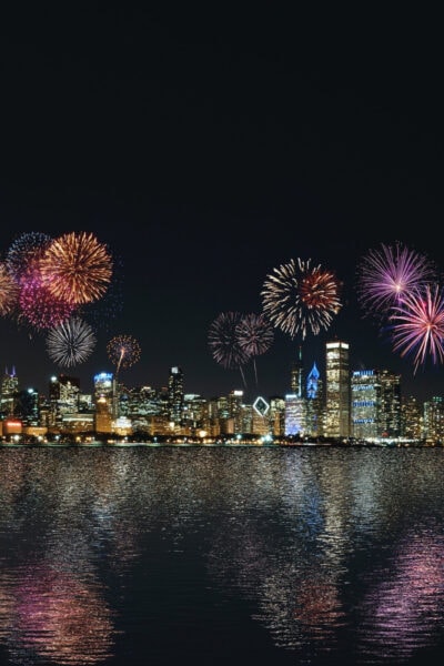 colorful fireworks explode above a city skyline at night; the view is across a body of water