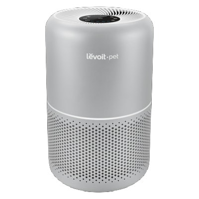 A silver-colored cylindrical air purifier