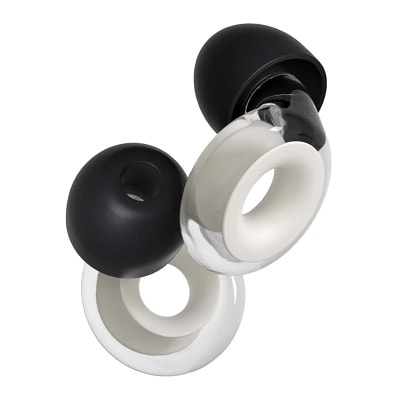A pair of black-and-transparent Loop earplugs