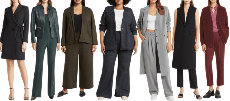 suit-like clothes in the 2023 NAS, including a blazer dress, moto jacket and pants, matching knit jacket and knit pants, denim trouser suit, longline slouchy gray blazer, sleeveless vest, burgundy cardigan with matching pants