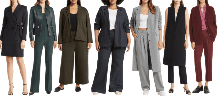 Suit-like apparel at NAS 2023, including blazer, moto jacket and pants, matching knit jacket and knit pants, denim suit, long striped gray blazer, sleeveless vest, burgundy cardigan with matching pants