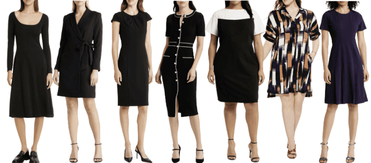 Collage of work dresses in the 2023 Nordstrom Anniversary Sale - scoopneck / blazer dress / sheath / sweater dress / plus black & white / shirt dress / A-line dress
