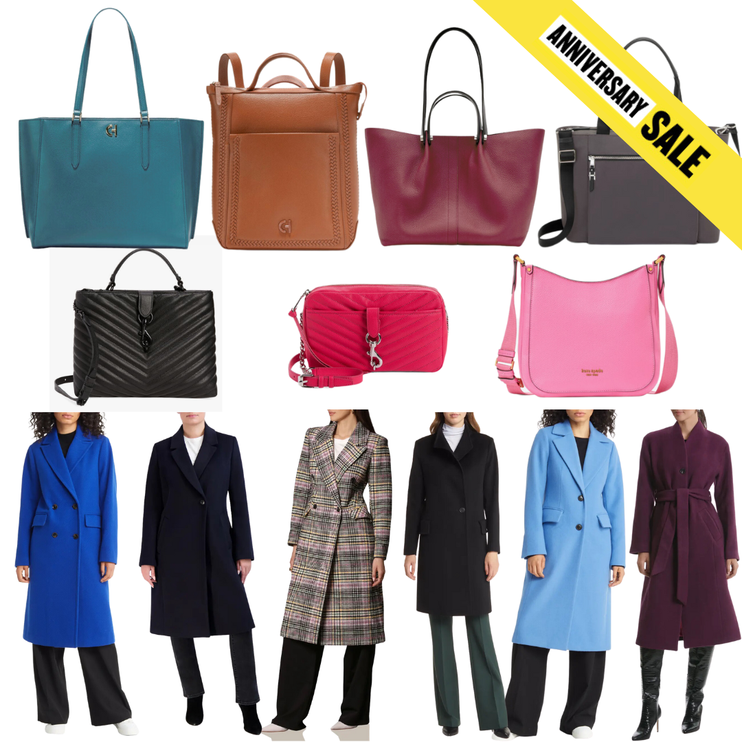collage of work totes and coats in the 2023 NAS; yellow banner readers Anniversary Sale