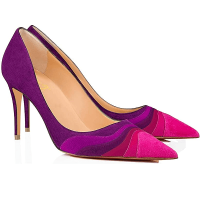purple pumps with numerous stripes/pieced fabrics in other red/pink/purple fabrics at the pointy toe