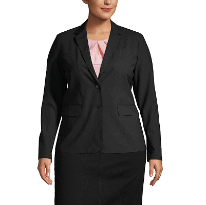 plus-size woman wears black washable suit