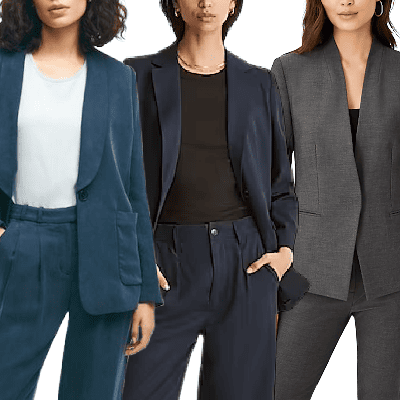 three women wear washable suits in a duck blue, navy, and gray