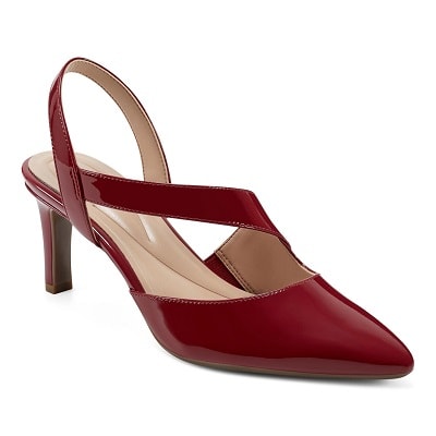 red patent leather slingback pumps with a diagonal strap detail across the vamp