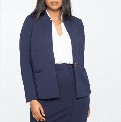 navy skirt suit in plus sizes with white blouse