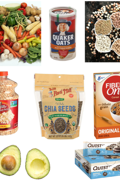 collage of ways to get more fiber: vegetables, oats, beans, popcorn, chia seeds, Fiber One, avocados, Quest bars