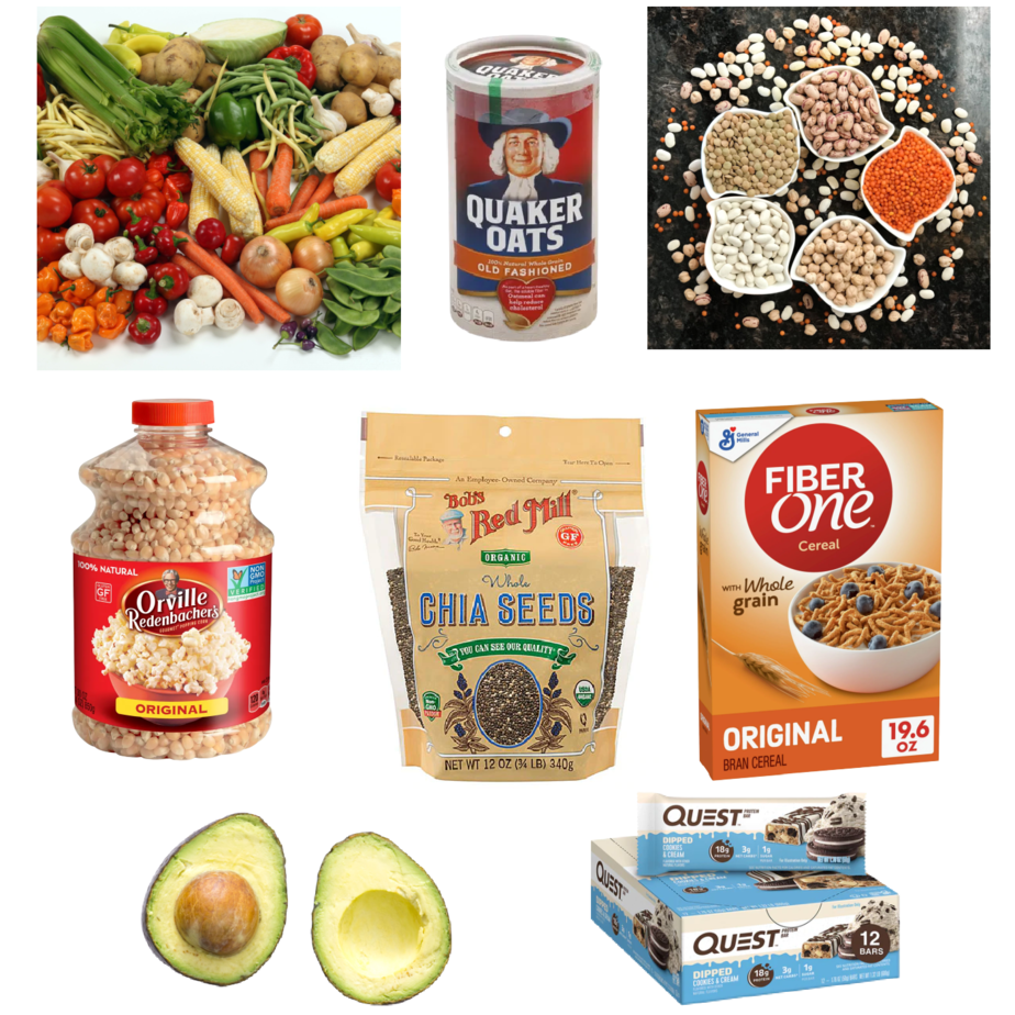 collage of ways to get more fiber: vegetables, oats, beans, popcorn, chia seeds, Fiber One, avocados, Quest bars