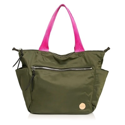 An olive green nylon bag with pink strap
