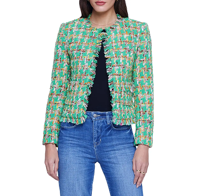 green plaid tweed Chanel-like jacket with fringe