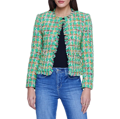 jaqueta de tweed xadrez verde estilo Chanel com franjas