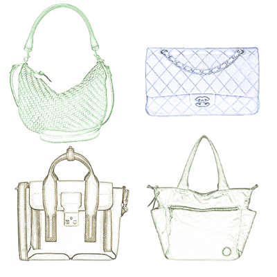 images of 4 bags edited to look like they're sketched in colored pencil