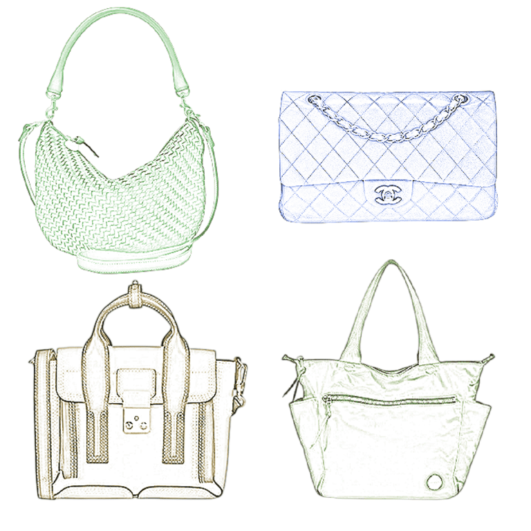 images of 4 bags edited to look like they're sketched in colored pencil