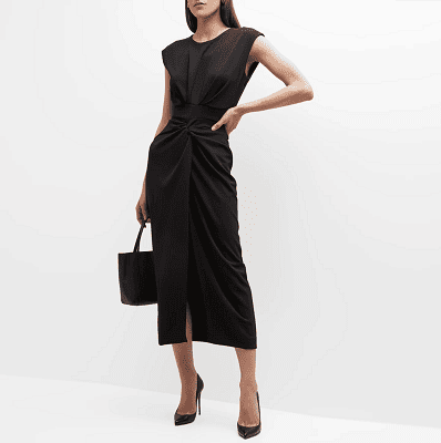 crewneck black midi-length sheath dress with twist at front waist and slit up the front