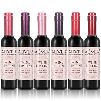 tiny lip tints in containers shaped like wine bottles