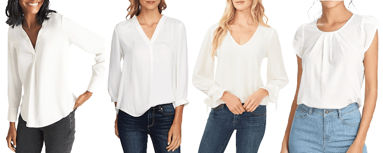 collage of 4 women wearing white popover blouses (no buttons) 