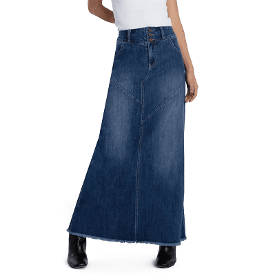 blue denim maxi skirt with pieces slightly misaligned and a raw hem