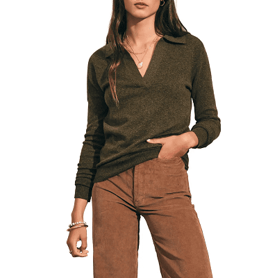 woman wears olive green sweater with polo collar and caramel brown corduroy pants
