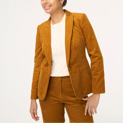 corduroy blazer and pants worn with white sweater
