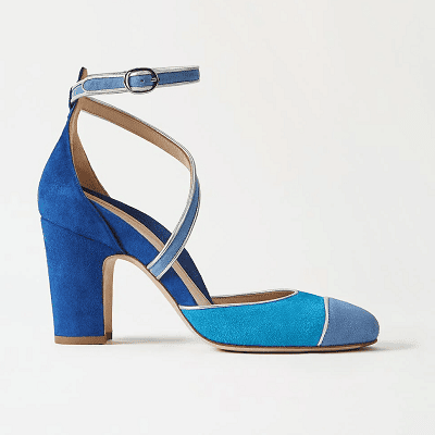 colorful d'orsay heel with an ankle strap with three different shades of blue