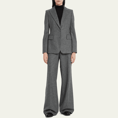 gray cashmere pantsuit with wide legs, styled with round-toe shoes and black turtleneck