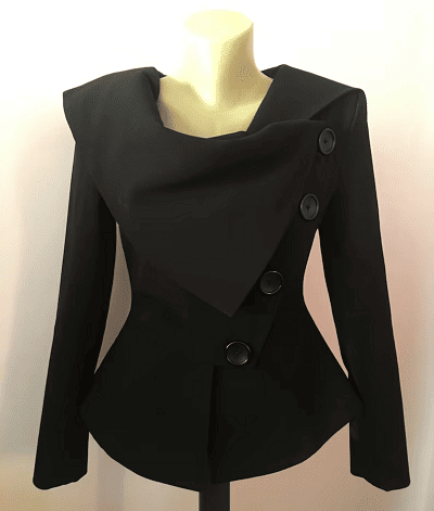 punk blazer with a very fitted waist, asymmetrical buttons, and a very drapey lapel