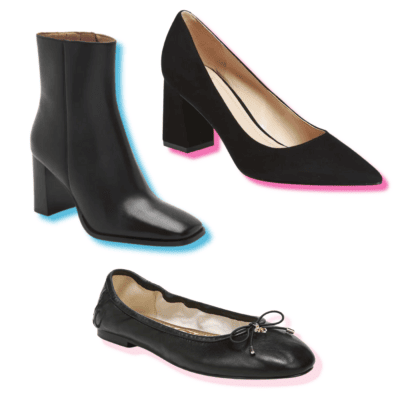 collage of boot with square toe, pump with pointy toe, and ballet flat with round toe - each have a decorative drop shadow around the shoe